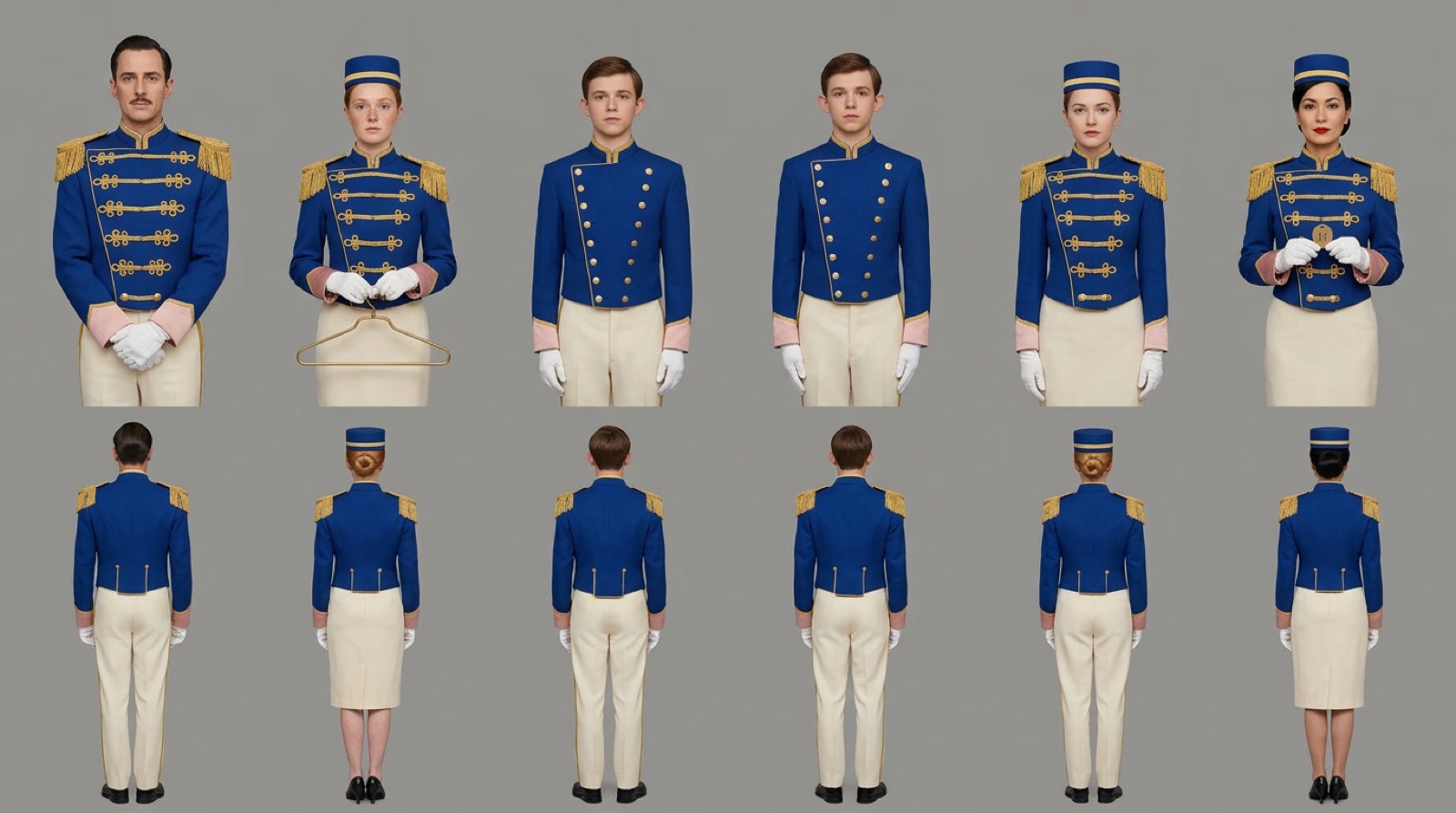 Character turnaround sheet of hotel staff in blue uniforms