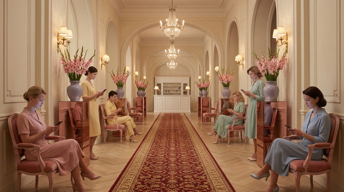 AI still of a grand hotel corridor with pink chairs
