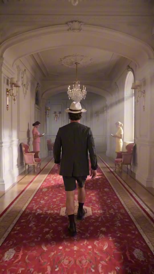 Final film frame: the lead walks down the hotel corridor